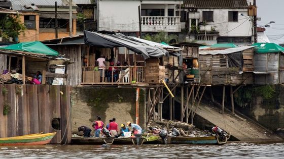 Pfahlbauten am Rio Atrato - viele Menschen in der Region Chocó leben unter prekären Bedingungen. Es fehlt an Bildungsmöglichkeiten, Gesundheitsversorgung und Straßen. Foto: Adveniat/Escher