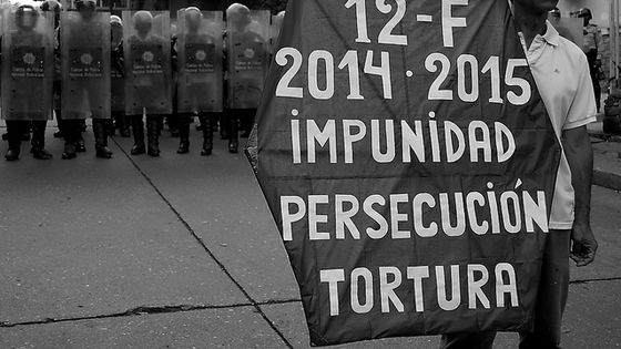 Auf dem Plakat des Demonstranten ist zu lesen: "12. Februar 2014/2015. Straflosigkeit, Verfolgung, Folter". Foto: Carlos Díaz, CC BY 2.0